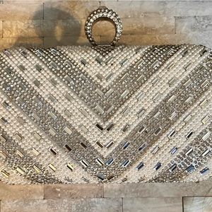 Evening bag, silver and white crystal chain strap clutch